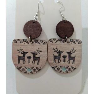 4/$20 Wood wooden reindeer deer brown Earrings natural earth tone